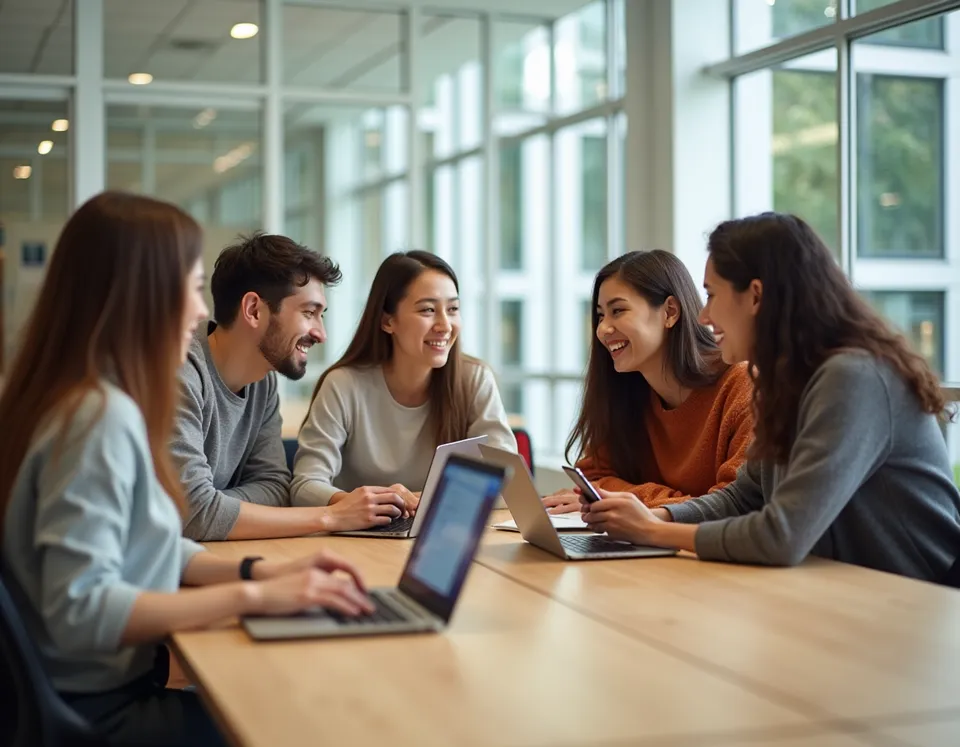 Alunos colaborando em um campus iluminado